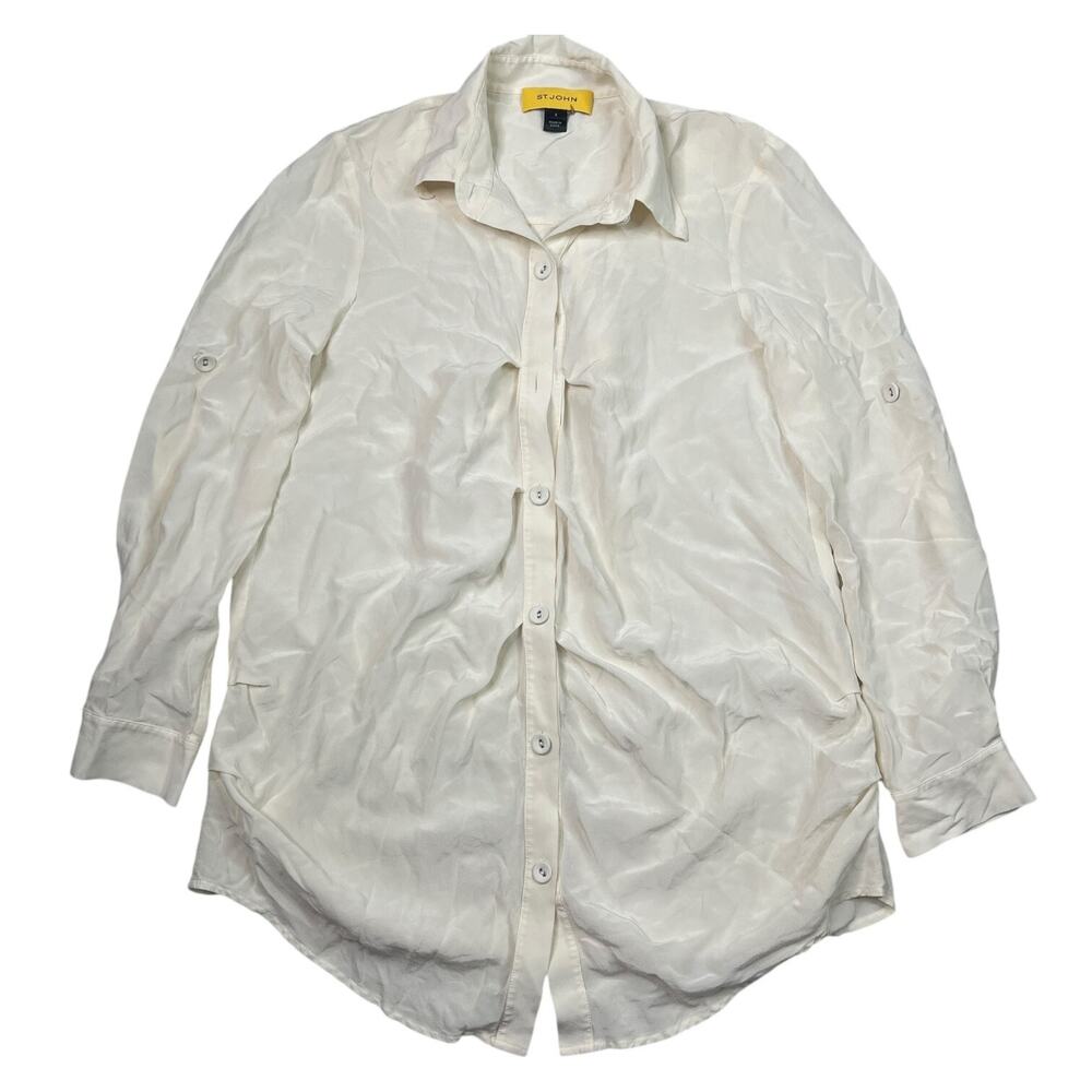 St. John Silk Long Sleeve Roll Tab Collared Top Blouse FLAW Ivory White Womens 2